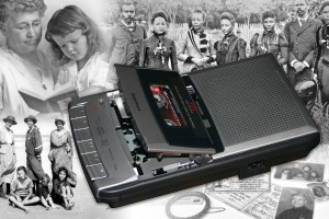 Montage of black and white images of different families super-imposed with a tape recorder