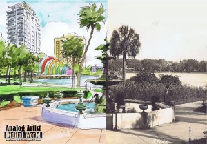 Left side is sketch , right is side is photo of Sperry Fountain at Lake Eola