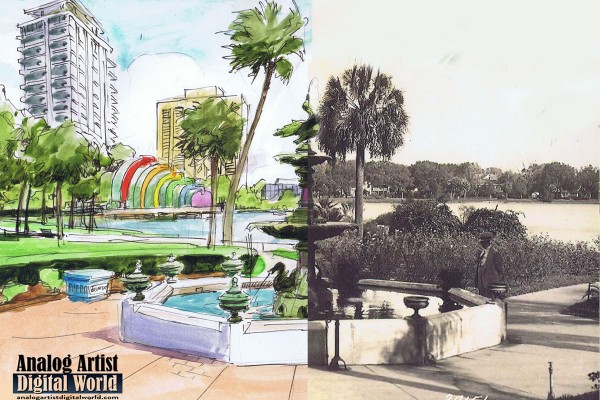 Left side is sketch , right is side is photo of Sperry Fountain at Lake Eola