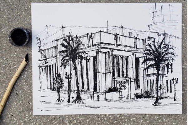 Ink drawing of the Orlando Public Library in downtown