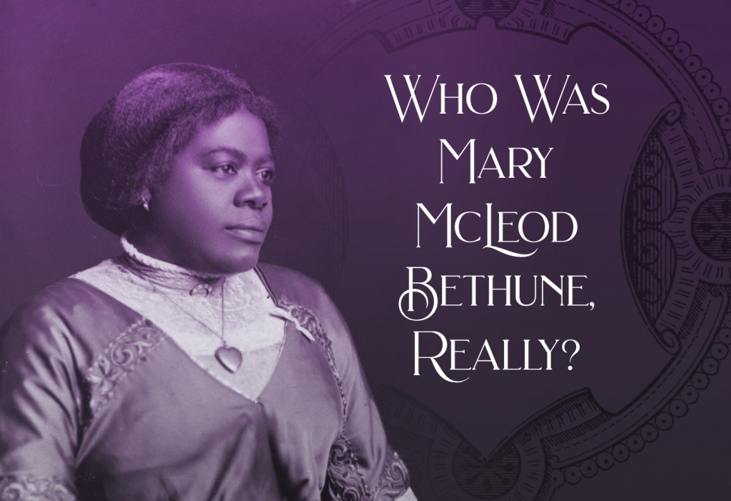 Mary McLeod Bethune wearing a Victorian-stye dress with a locket