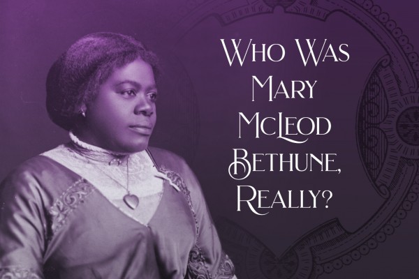 Mary McLeod Bethune wearing a Victorian-stye dress with a locket