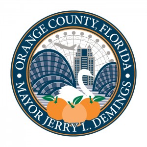 Seal for Orange County Mayor Jerry Demings with oranges, swan, convention center, skyscraper, and airplane