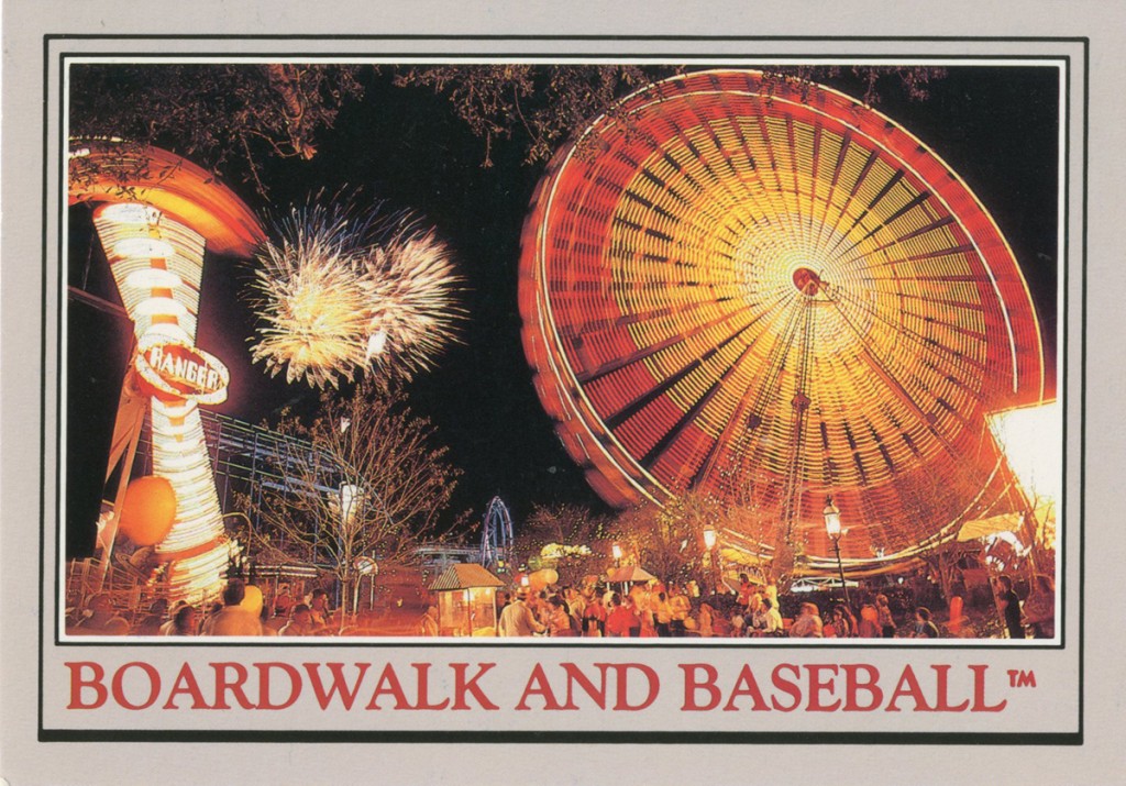 Postcard shows spinning Ferris wheel and other midway rides at Circus World