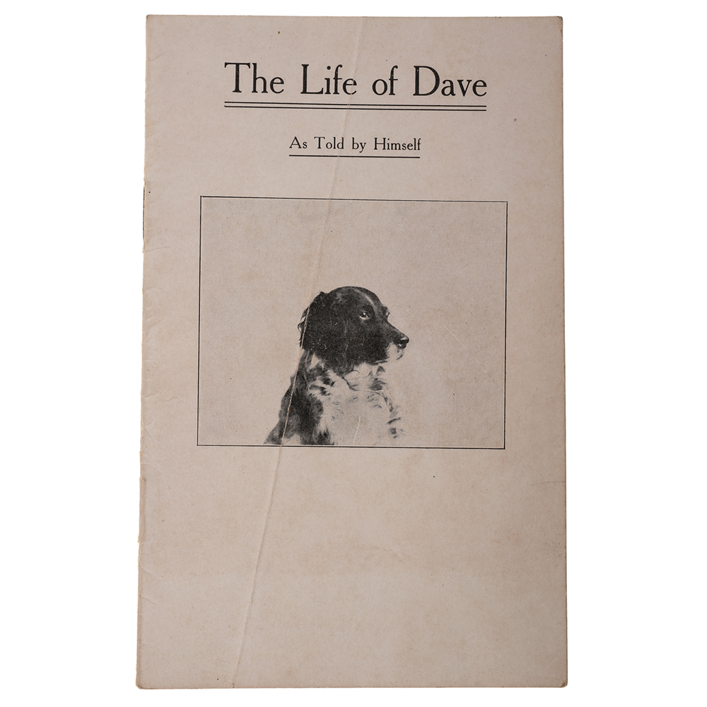 Cover of brochure called "The Life of Dave" written by Frank Butler with photo of Dave the Wonder Dog.