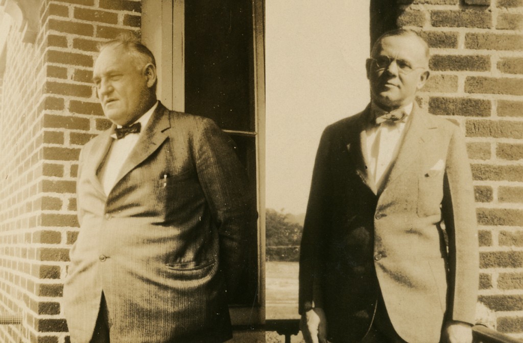 Sepia tone photos of doctors McEwan and Christ both wear suits and bow-ties.