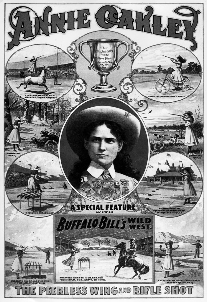 Annie Oakley poster from Buffalo Bill's Wild West Show with multiple images of Annie shooting including a portrait in the center.