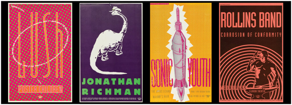 artwork for Figurehead concerts for the bands Lush, Jonathon Richman, Sonic Youth, and the Rollins Band