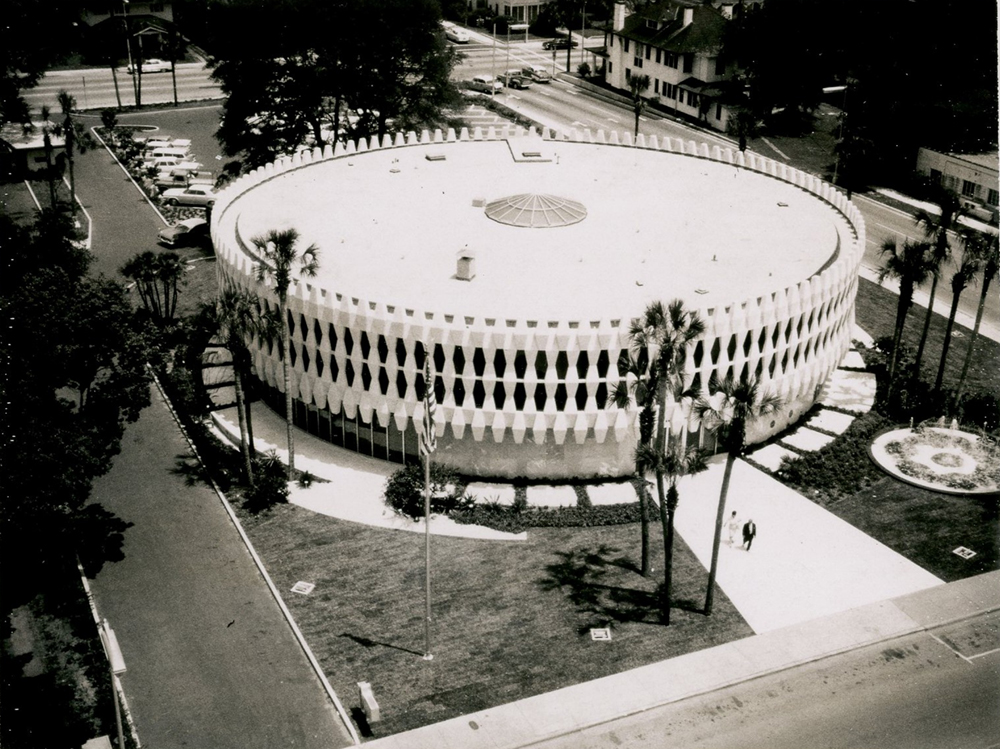 a black and white aerial photograph of The American Federal Building in downtown Orlando in May 1963.