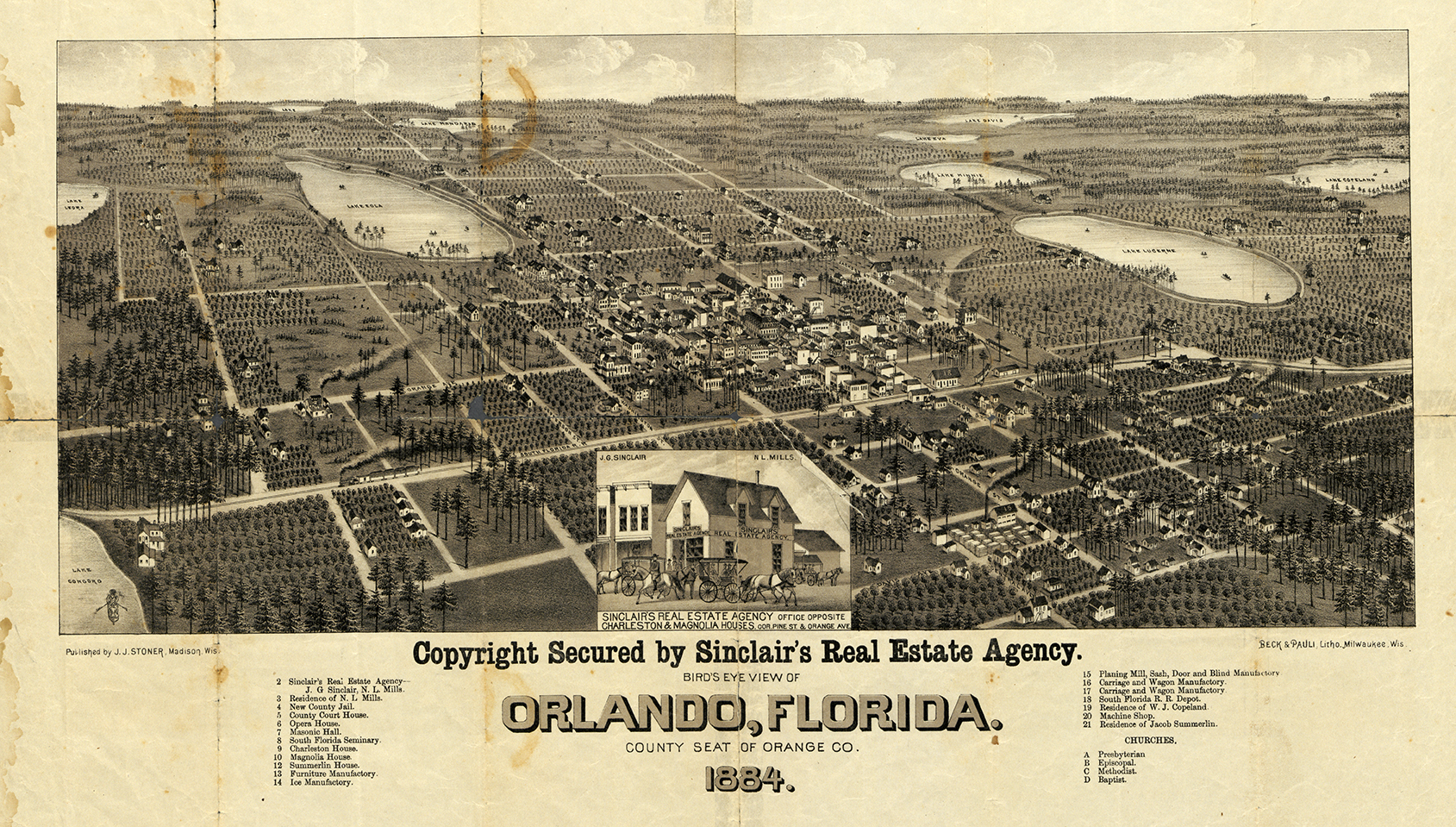Overhead image of Orlando featuring buildings and lakes from Sinclair Real Estate Agency. Produced in 1884.