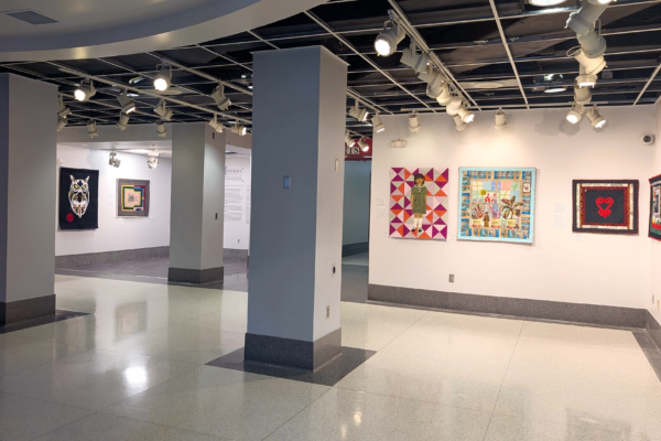 Image of Histories in Thread: Honoring Heirlooms in Contemporary Quilting pocket exhibit showing several quilts displaced across two gallery walls. Above the quilts are gallery lights.